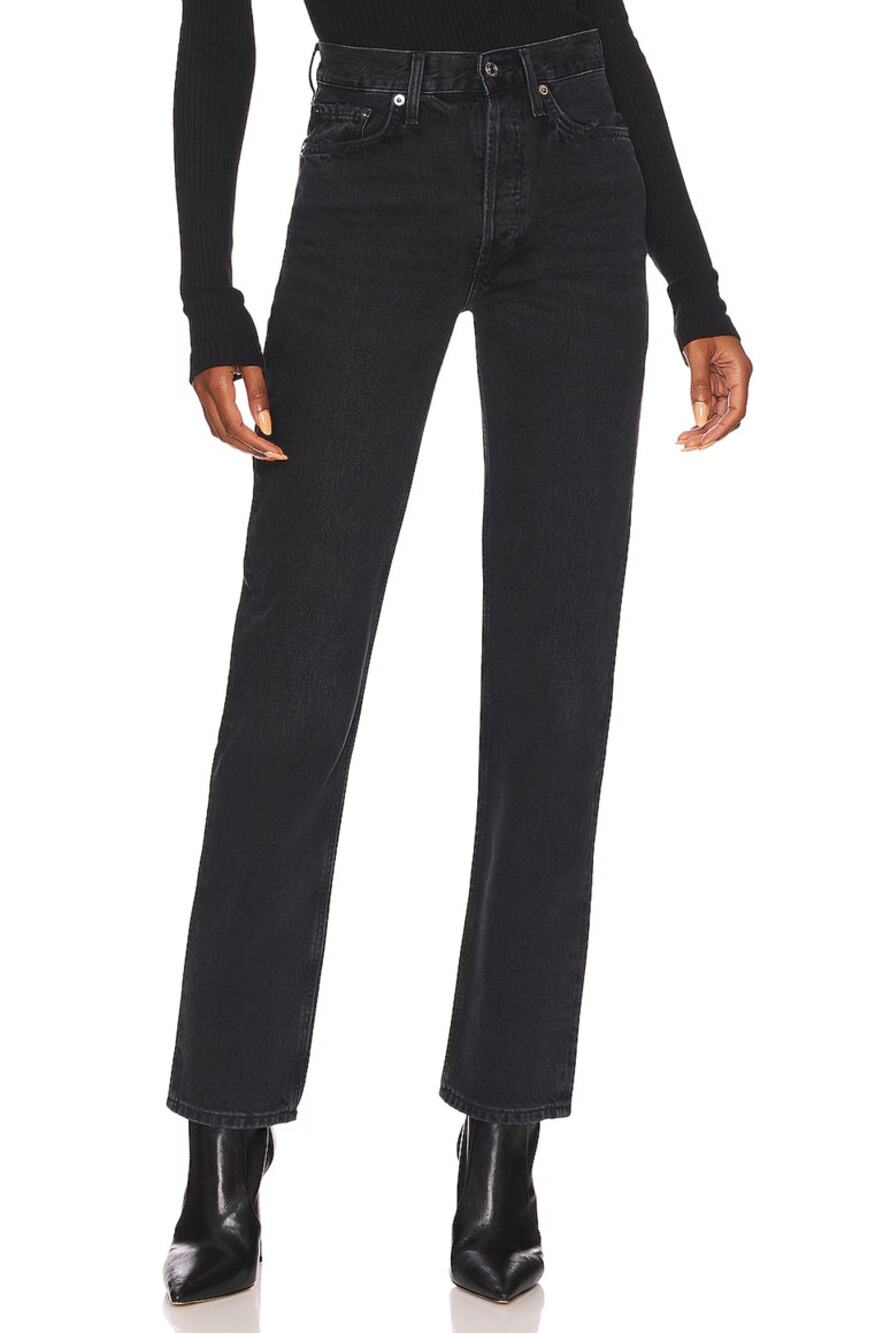 Agolde Lana Mid Rise Button-Fly Front Denim Straight Jeans Black 29